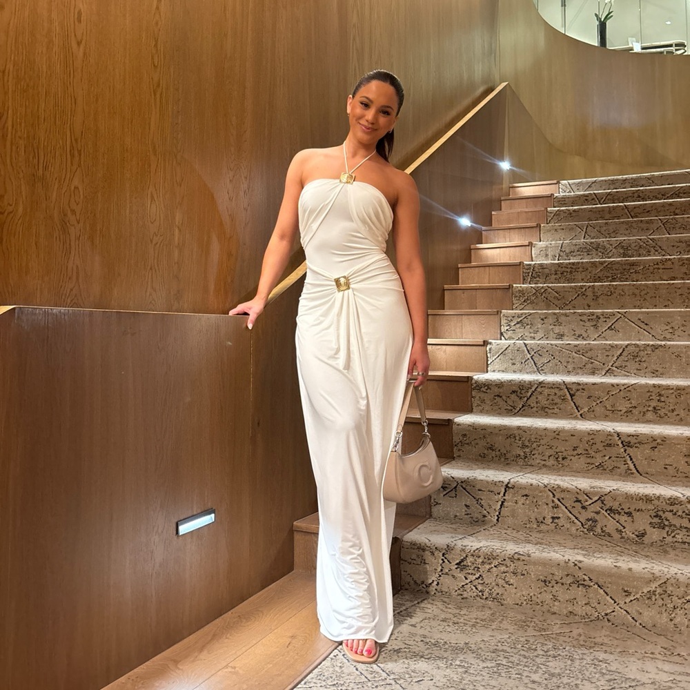 Meshki White Strapless Maxi Dress with Gold Accent